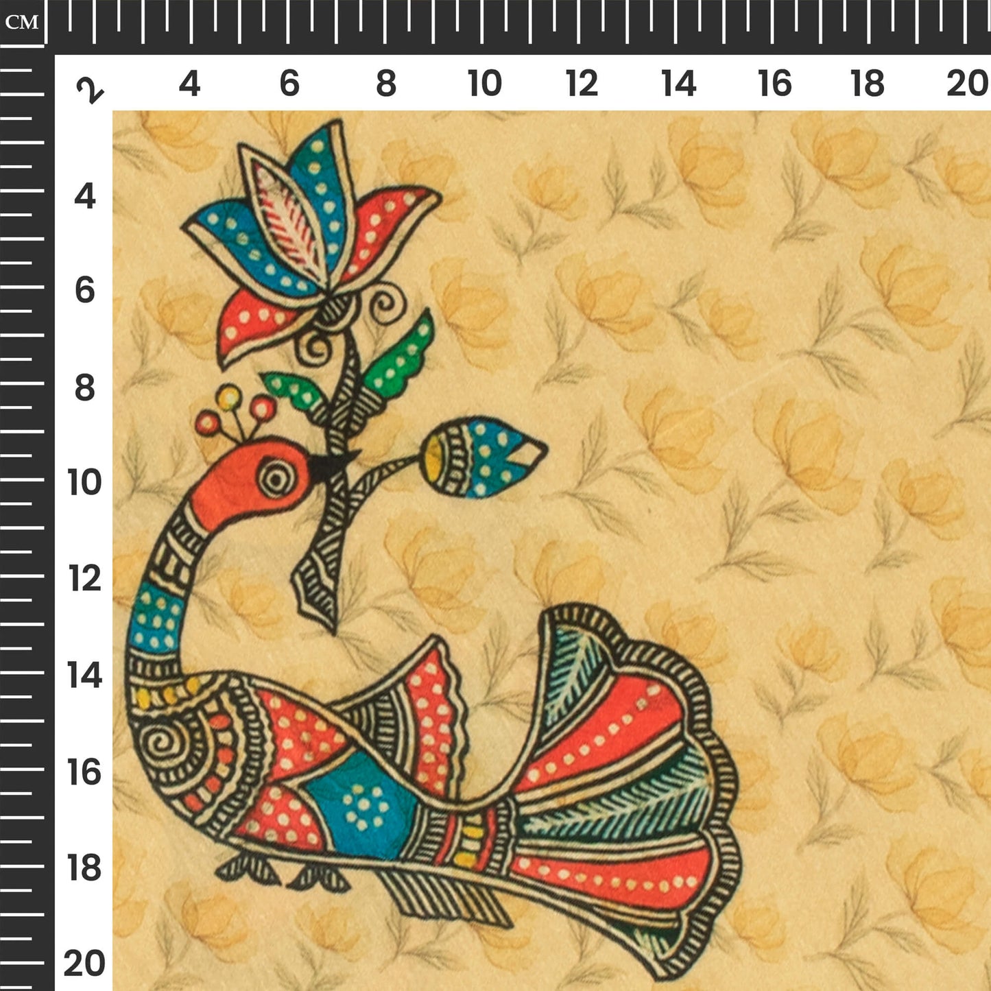 Ecru Beige And Red Madhubani Pattern Digital Print Suhana Chanderi Fabric