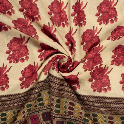 Peach And Red Floral Pattern Digital Print Viscose Chanderi Fabric