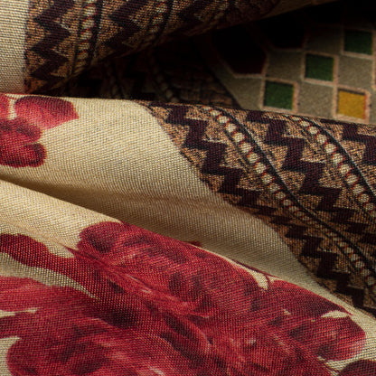 Peach And Red Floral Pattern Digital Print Viscose Chanderi Fabric
