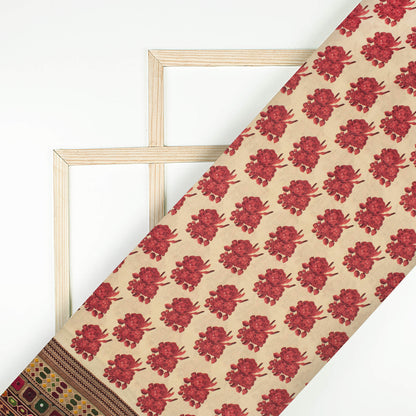 Peach And Red Floral Pattern Digital Print Viscose Chanderi Fabric