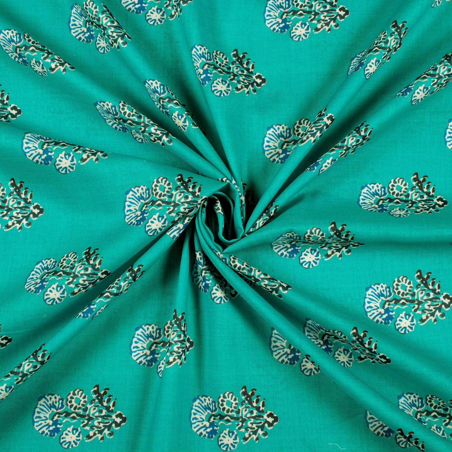 Peacock Green Floral Pattern Digital Print Poly Cambric Fabric