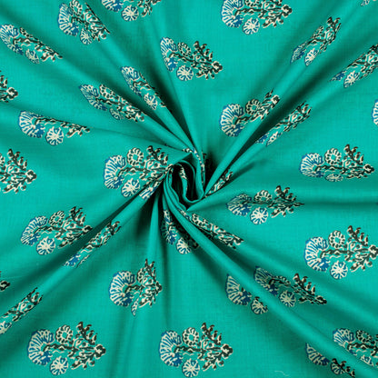 Peacock Green Floral Pattern Digital Print Poly Cambric Fabric
