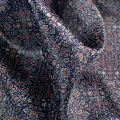 Navy Blue And Red Ethnic Pattern Digital Print Organza Satin Fabric