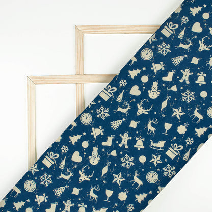 Aegean Blue And Cream Christmas Pattern Digital Print Rayon Fabric