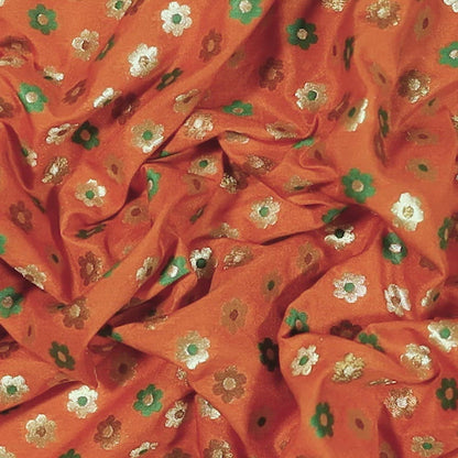 Orange And Green Floral Pattern Zari Jacquard Banarasi Taffeta Silk Fabric