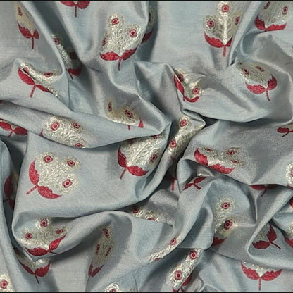 Grey And Red Floral Pattern Zari Jacquard Banarasi Muga Silk Fabric