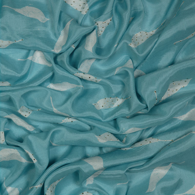 Sky Blue Base With White Bird Pattern Handblock Print Premium Muslin Fabric