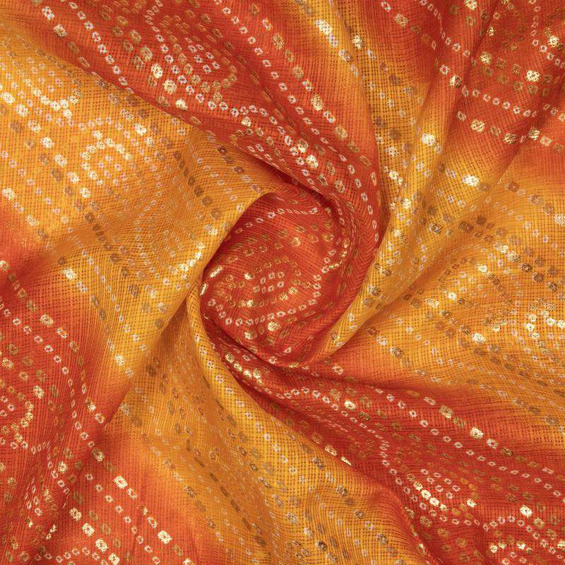Yellow Ochre And Orange Bandhani Pattern Foil Print Kota Doria Fabric