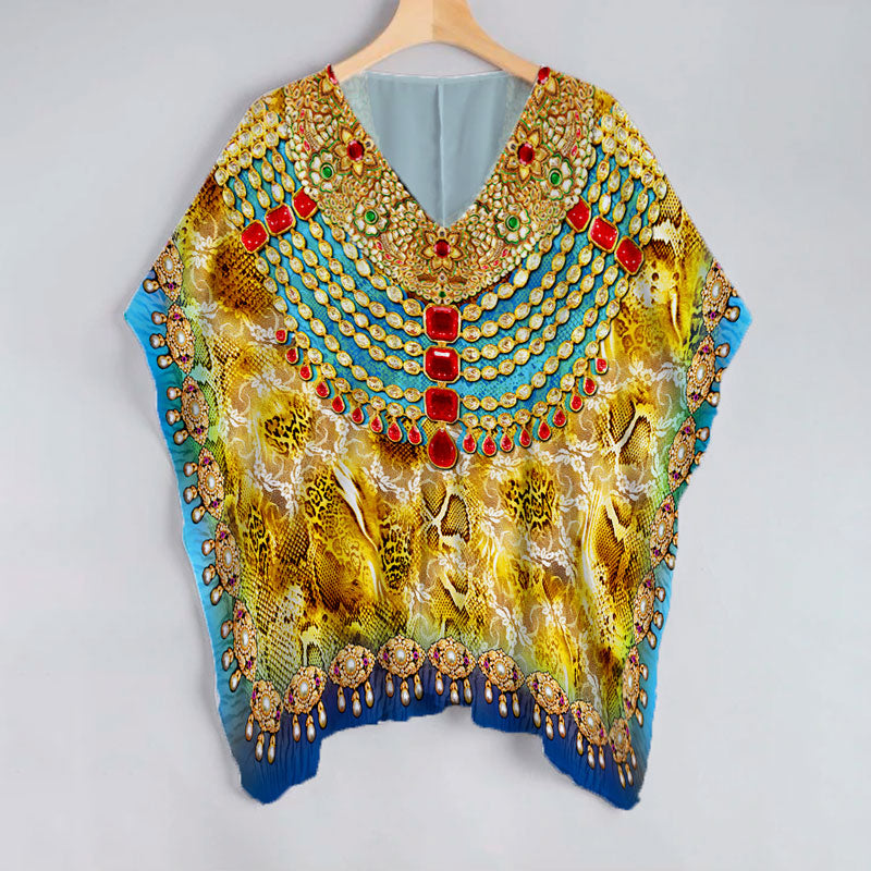 Flaxen Yellow And Blue Animal Pattern Unstitched Georgette Kaftan