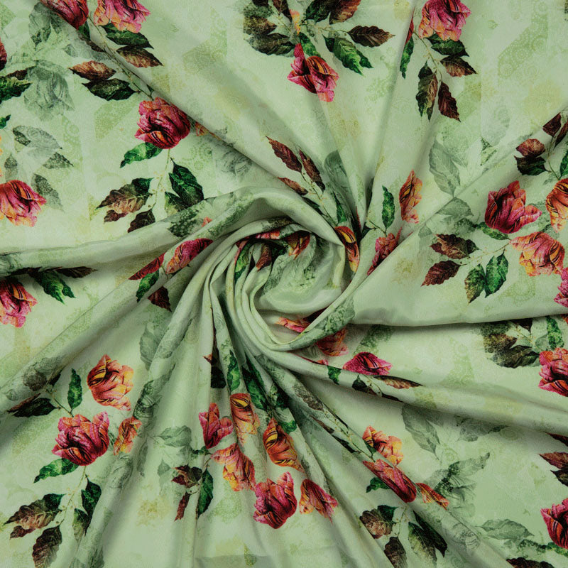 Crepe Silk Fabric With Light Green Floral Digital Print