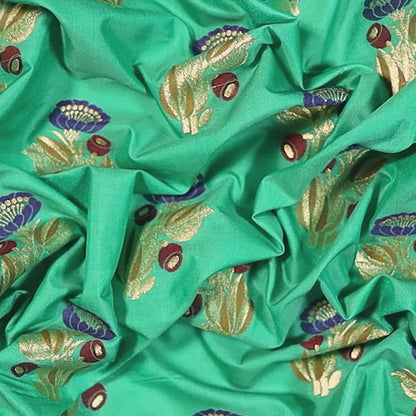 Green Banarasi Mugal Floral Pattern Tilfi Zari Work Taffeta Silk Fabric