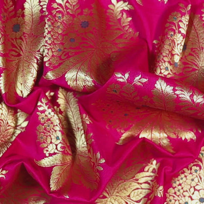 Magenta Pink Floral Pattern Zari Jacquard Banarasi Silk Fabric