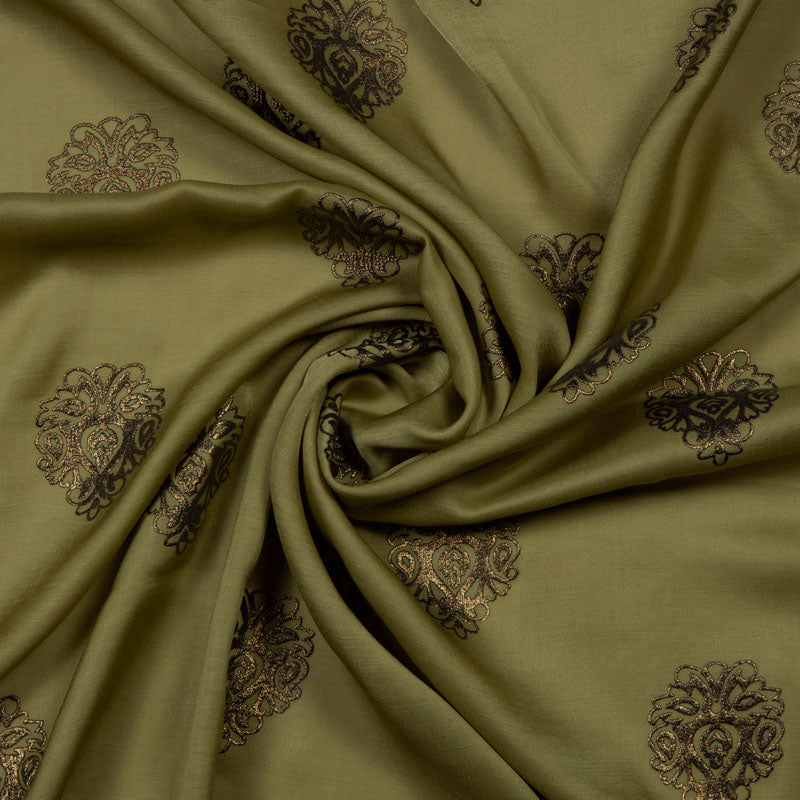 Olive Floral Pattern Foil Modal Satin Fabric