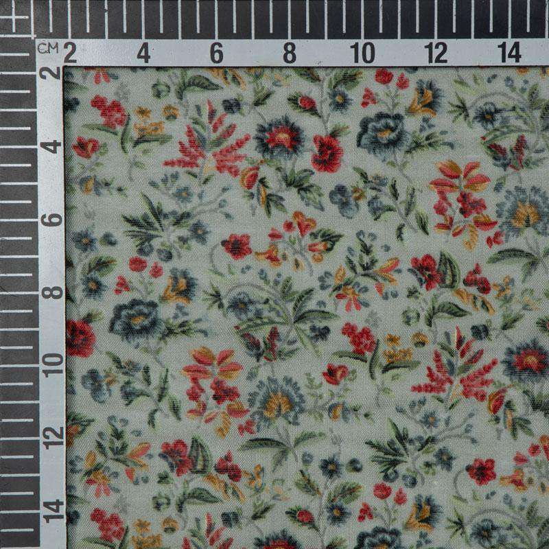 Green & Brown Floral Pattern Screen Print Muslin Fabric