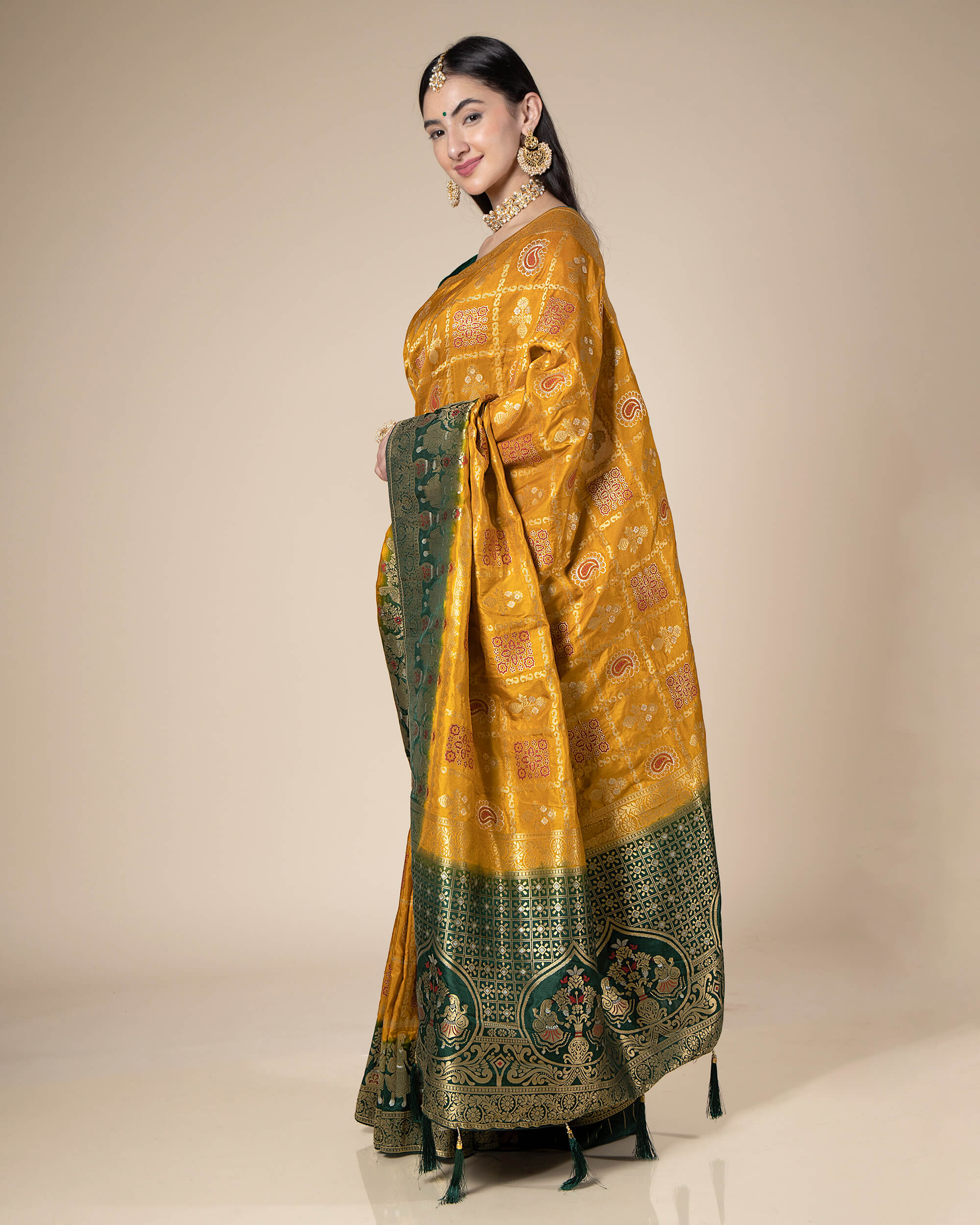 Green And Yellow Color Silk Saree For Wedding