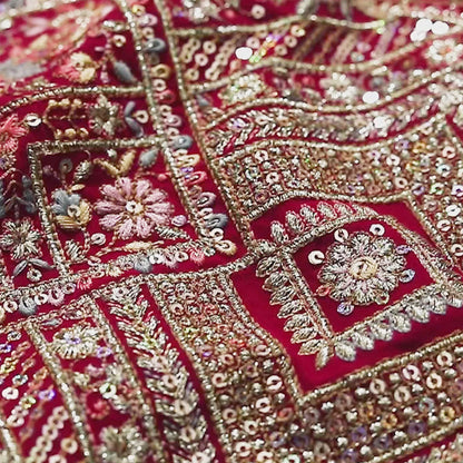 Dark Pink Trellis Pattern Luxury Zari Sequins Embroidery Georgette Fabric (Width 56 Inches)