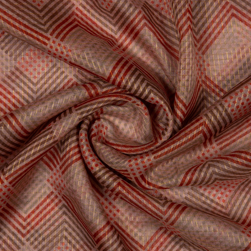 Peach Monga Checks Pattern Kota Doria Fabric