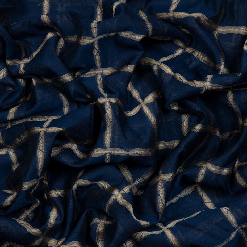 Navy Blue Checks Pattern Jacquard Chanderi Fabric