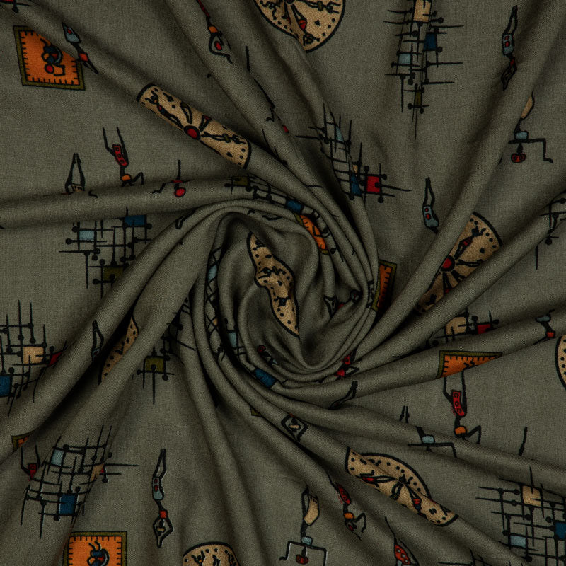Olive Green Tribal Pattern Screen Print Viscose Rayon Fabric