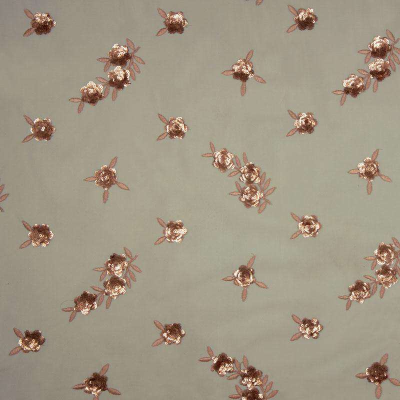 Beige And Pink Floral Pattern Premium Sequins Net Fabric