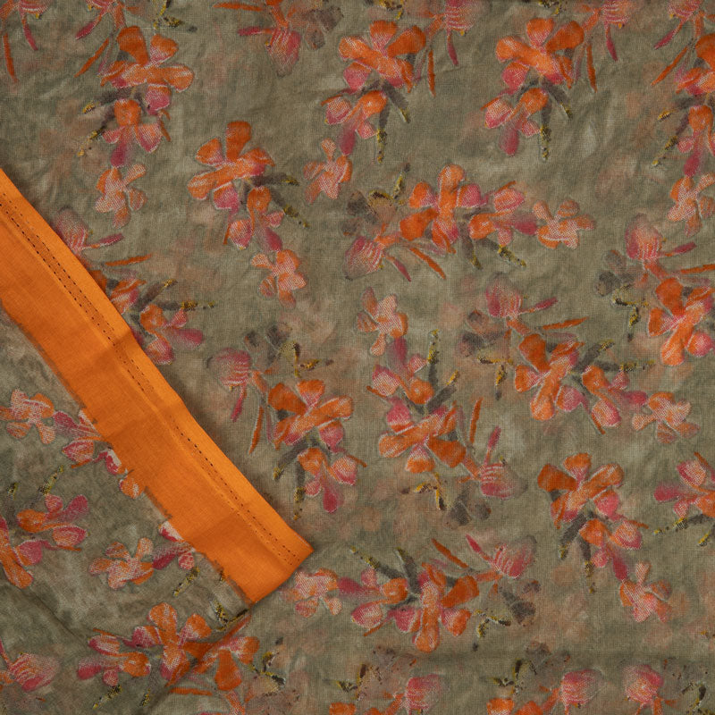 Orange And Mehendi Green Floral Pattern Mulmul Fabric