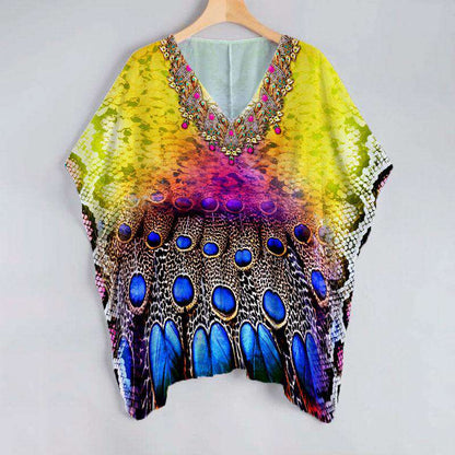 Royal Blue And Yellow Peacock Feather Pattern Unstitched Georgette Kaftan