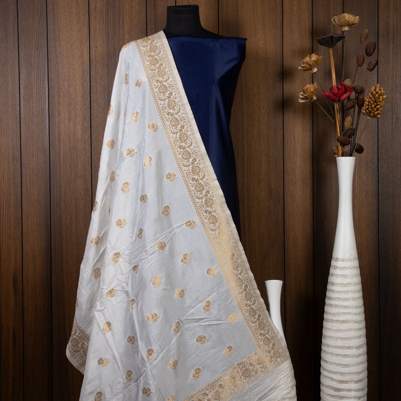 White Ethnic Pattern Jacquard Silk Dupatta