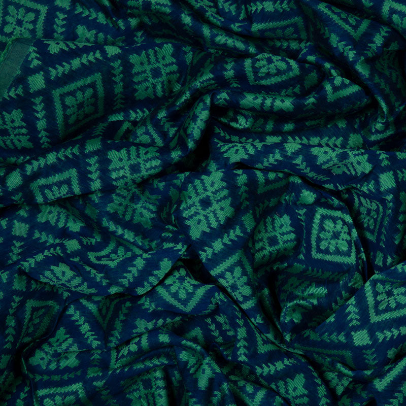 Blue And Green Geometric Pattern Jacquard Chanderi Fabric