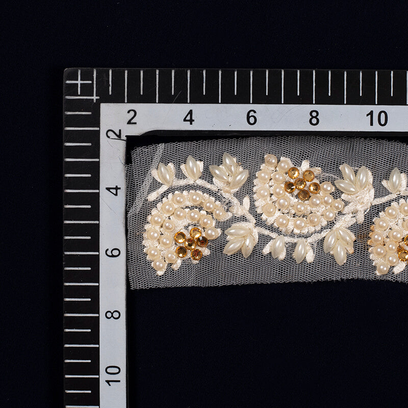 Off White Pearl Thread Embroidery Lace (9 Mtr) - Fabcurate