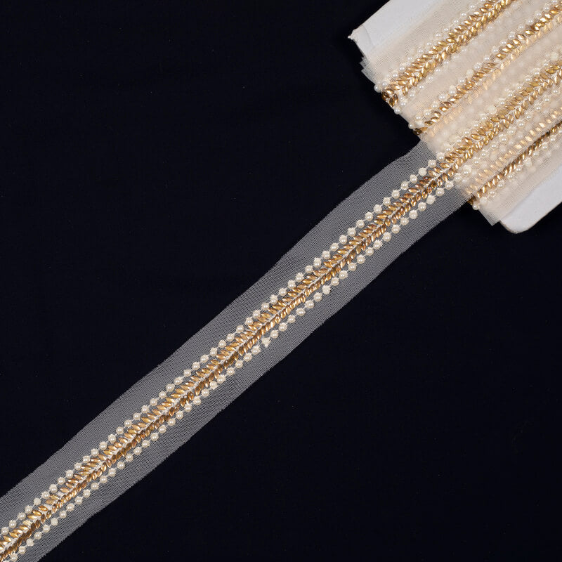 Off White Pearl Thread Embroidery Lace (9 Mtr) - Fabcurate