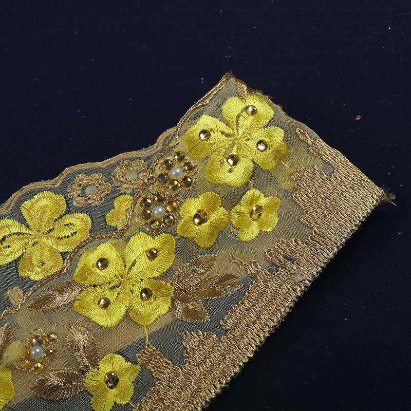 Gold Zari Stone Yellow Thread Cut Work Embroidery Lace (9 Mtr) - Fabcurate