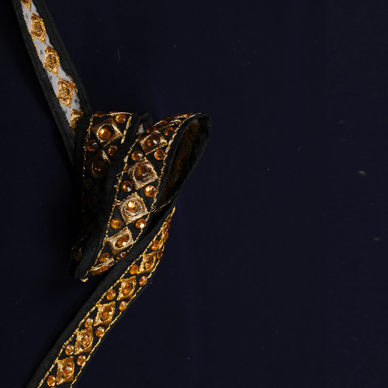 Gold Zari Stone Black Thread Cut Work Embroidery Lace (9 Mtr) - Fabcurate