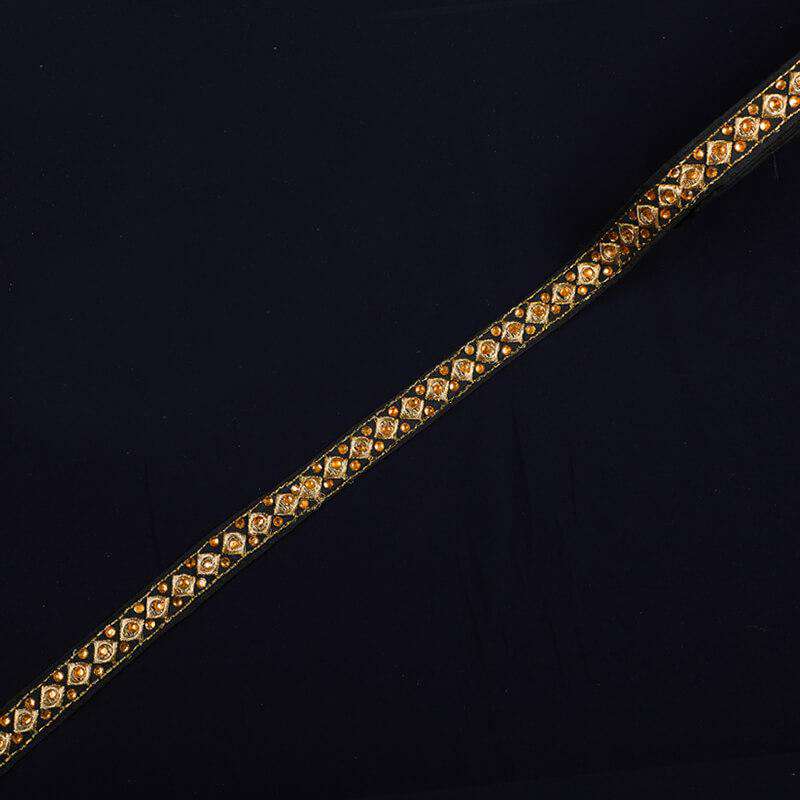 Gold Zari Stone Black Thread Cut Work Embroidery Lace (9 Mtr) - Fabcurate