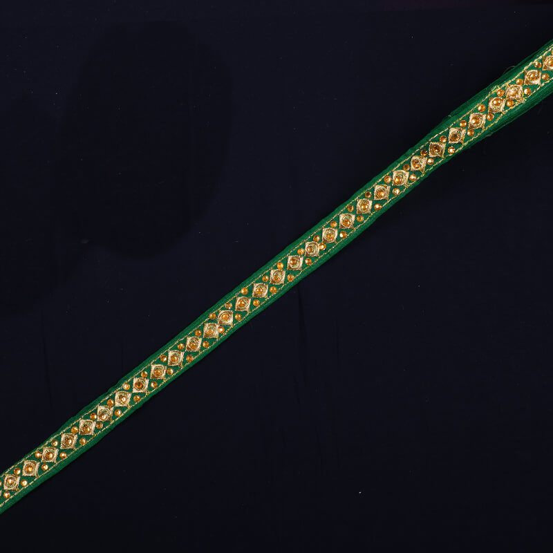 Gold Zari Stone Green Thread Cut Work Embroidery Lace (9 Mtr) - Fabcurate