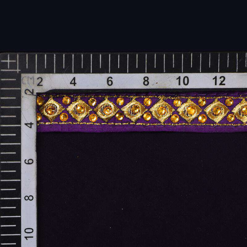Gold Jari Stone Violet Thread Cut Work Embroidery Lace (9 Mtr) - Fabcurate