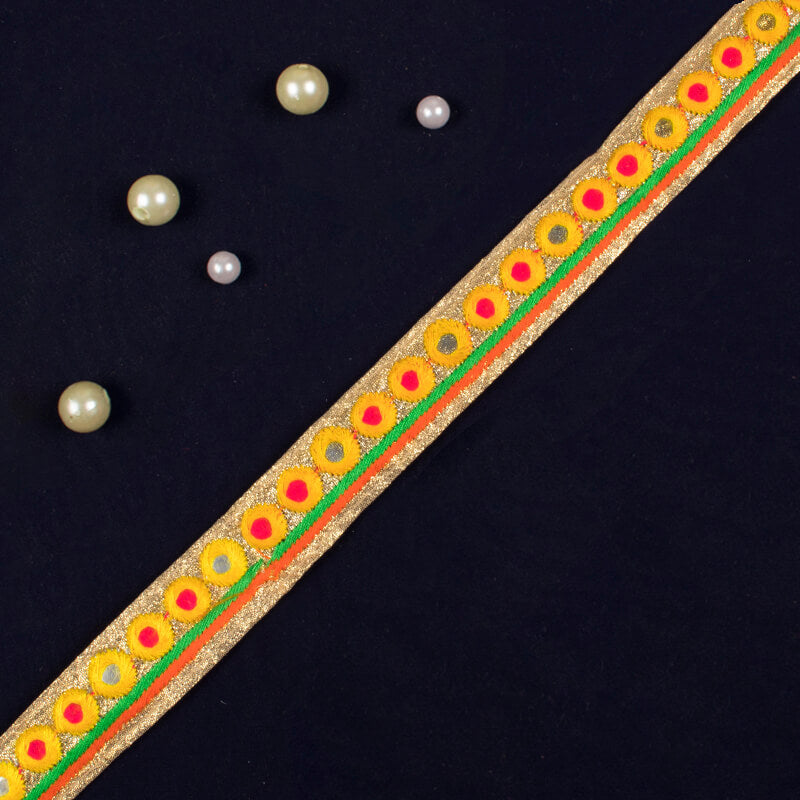 Yellow Thread Mirror Jari Patti Embroidery Lace (9 Mtr) - Fabcurate