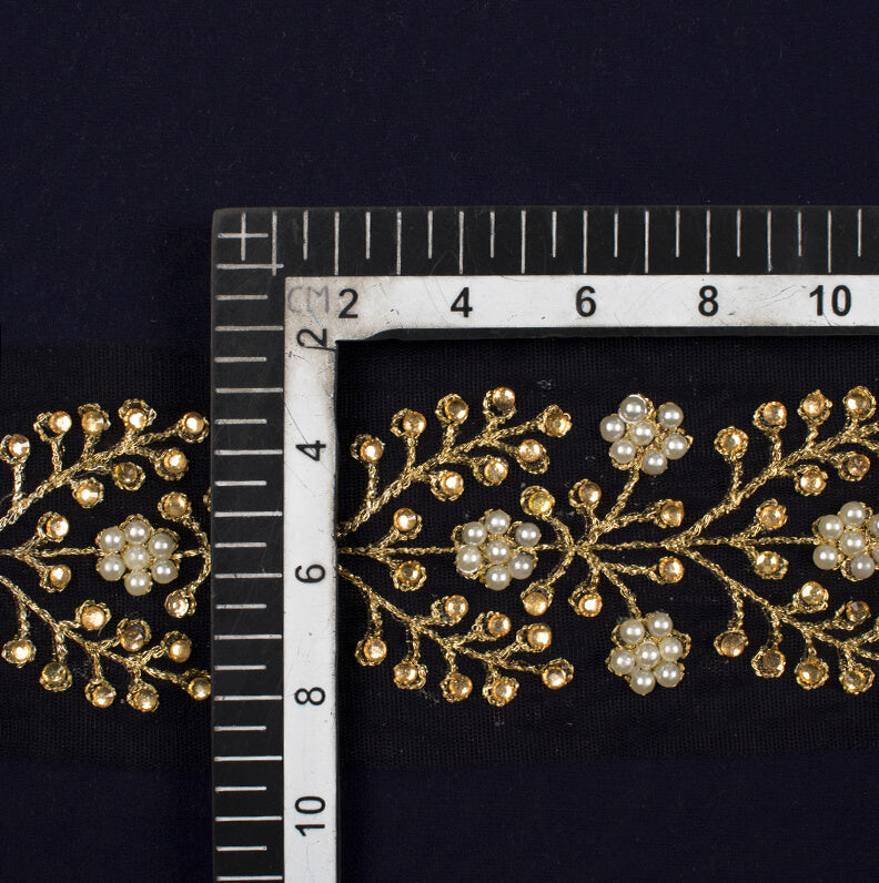 Gold Thread Stone Pearl Embridery Lace (9 Mtr) - Fabcurate