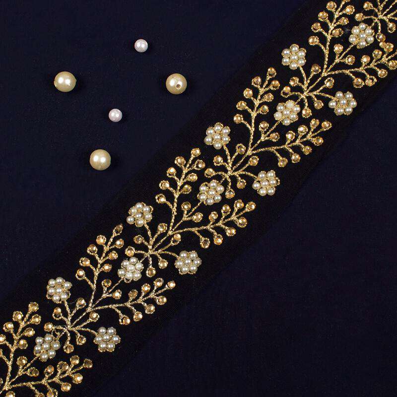 Gold Thread Stone Pearl Embridery Lace (9 Mtr) - Fabcurate