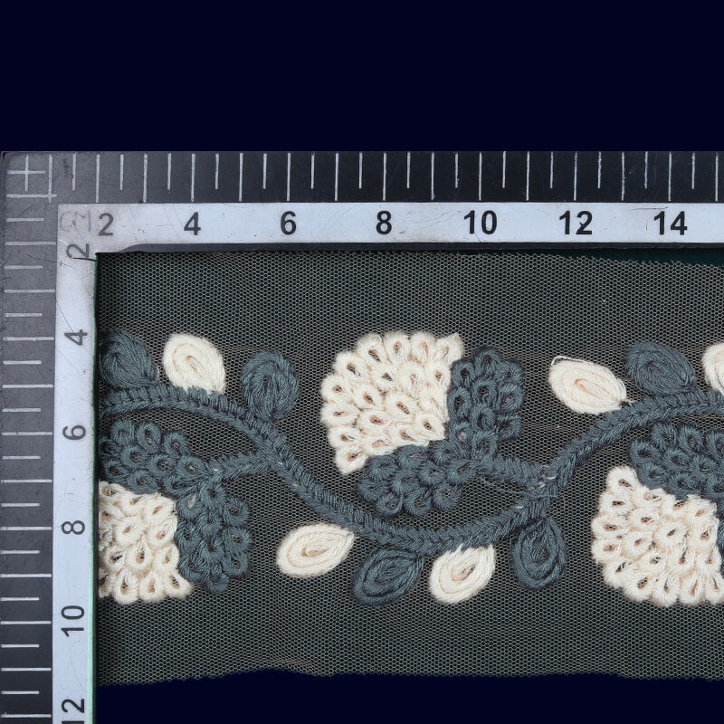Grey Cream Thread Patti Embroidery Lace (9 Mtr) - Fabcurate
