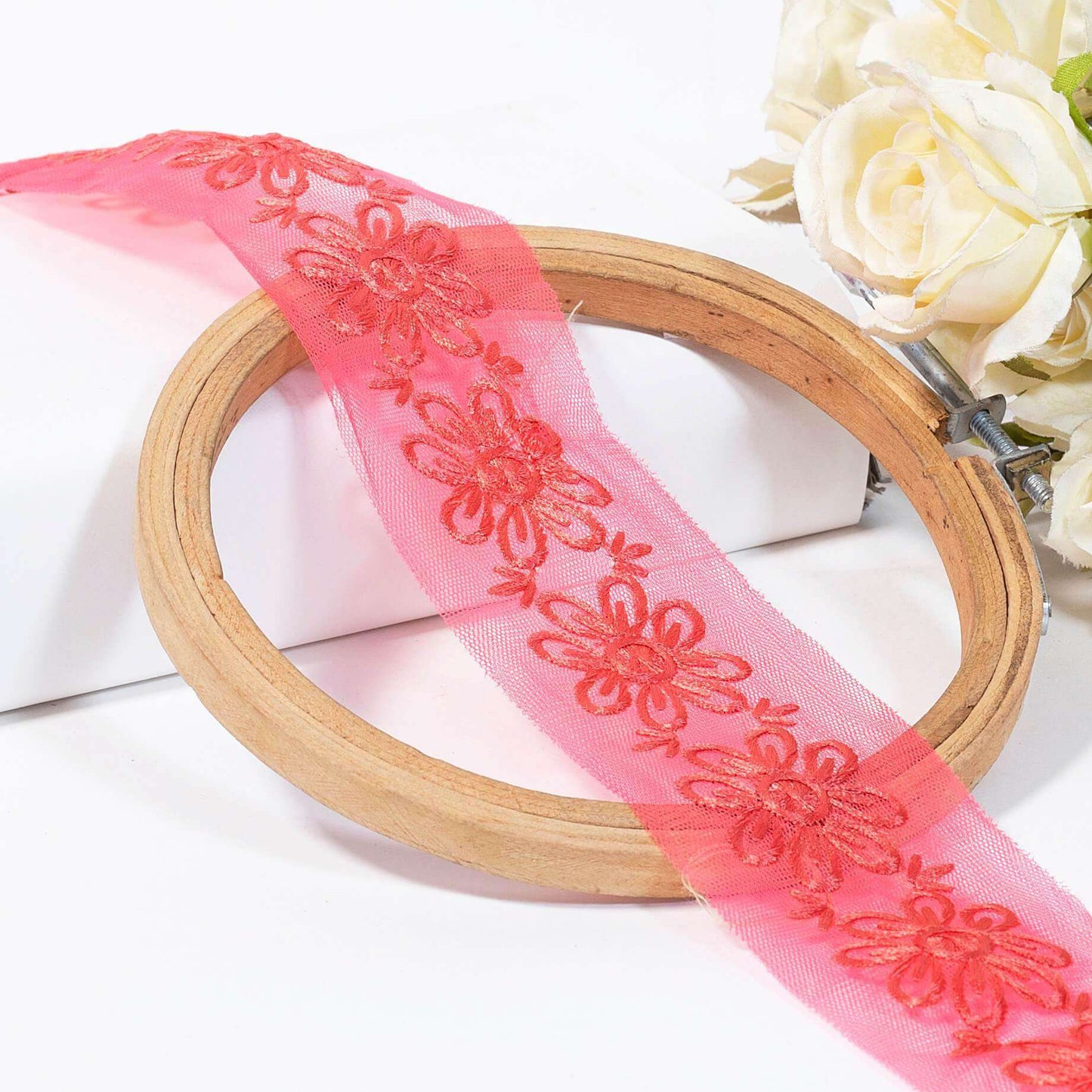 Cerise Pink Floral Pattern Embroidery Net Lace (9 Mtr) - Fabcurate