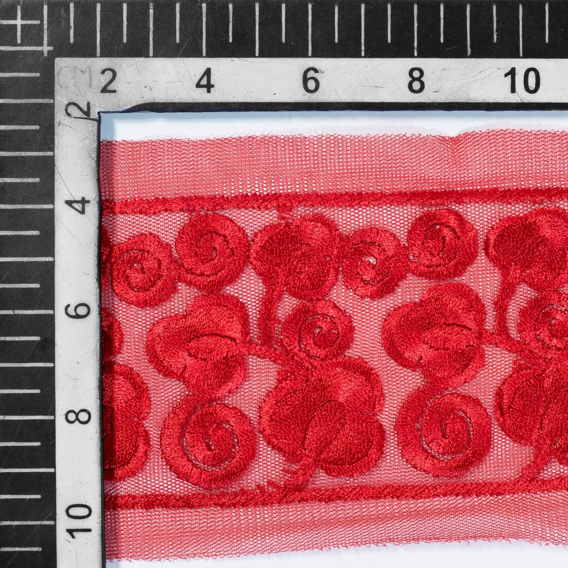 Cherry Red Floral Pattern Embroidery Net Lace (9 Mtr) - Fabcurate