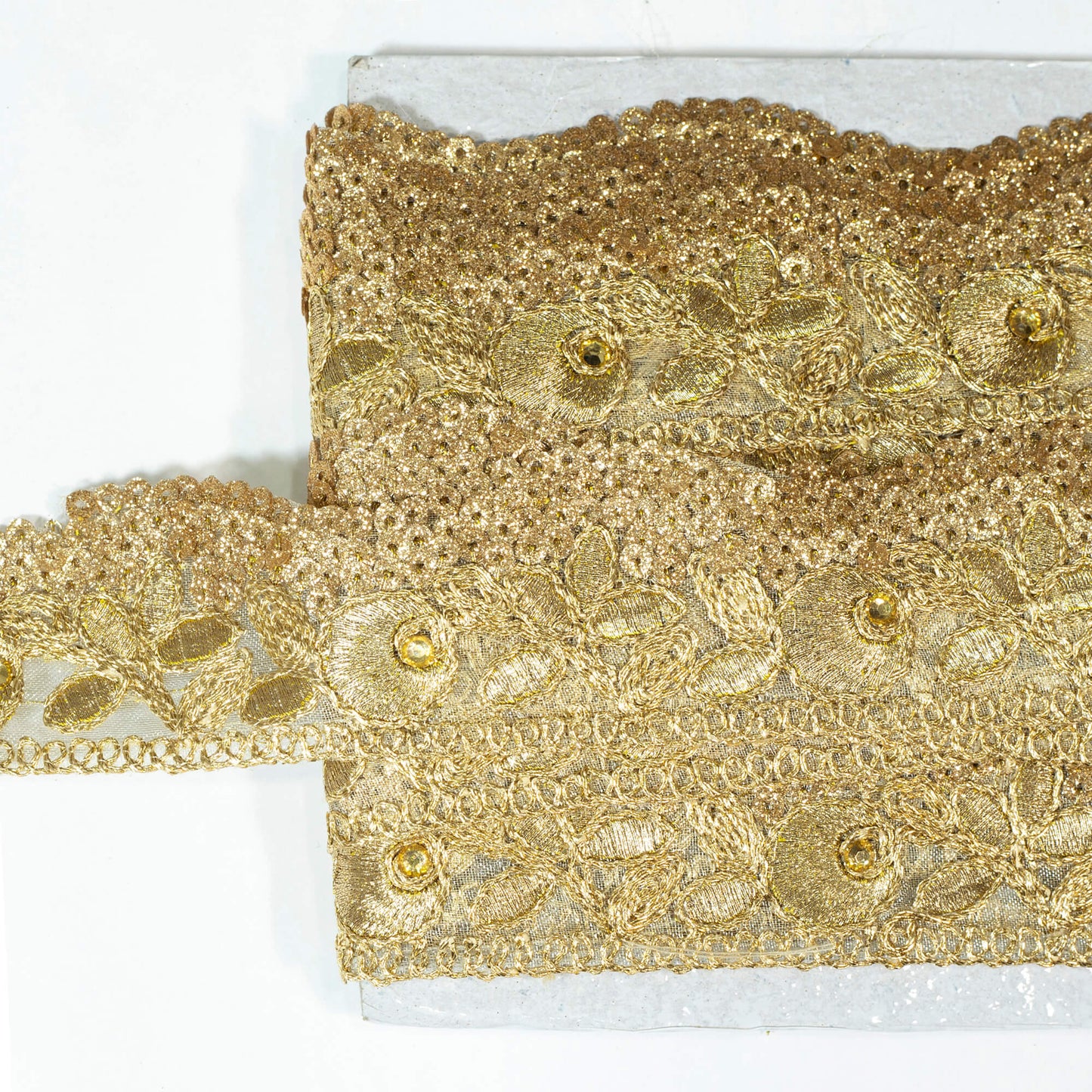 Golden Floral Pattern Zari Sequins Embroidery Organza Tissue Lace (9 Mtr)