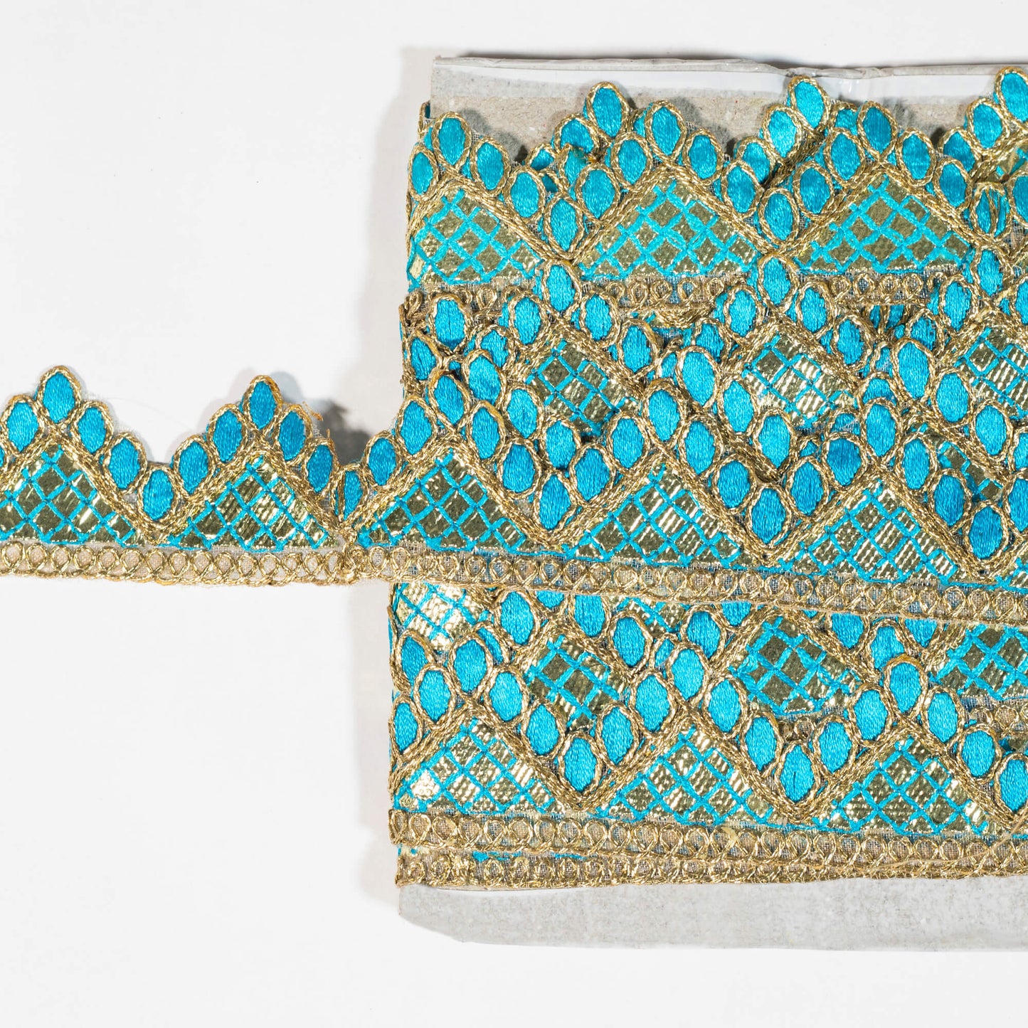 Olympic Blue Chevron Pattern Golden Foil Zari Embroidery Organza Tissue Lace (9 Mtr)