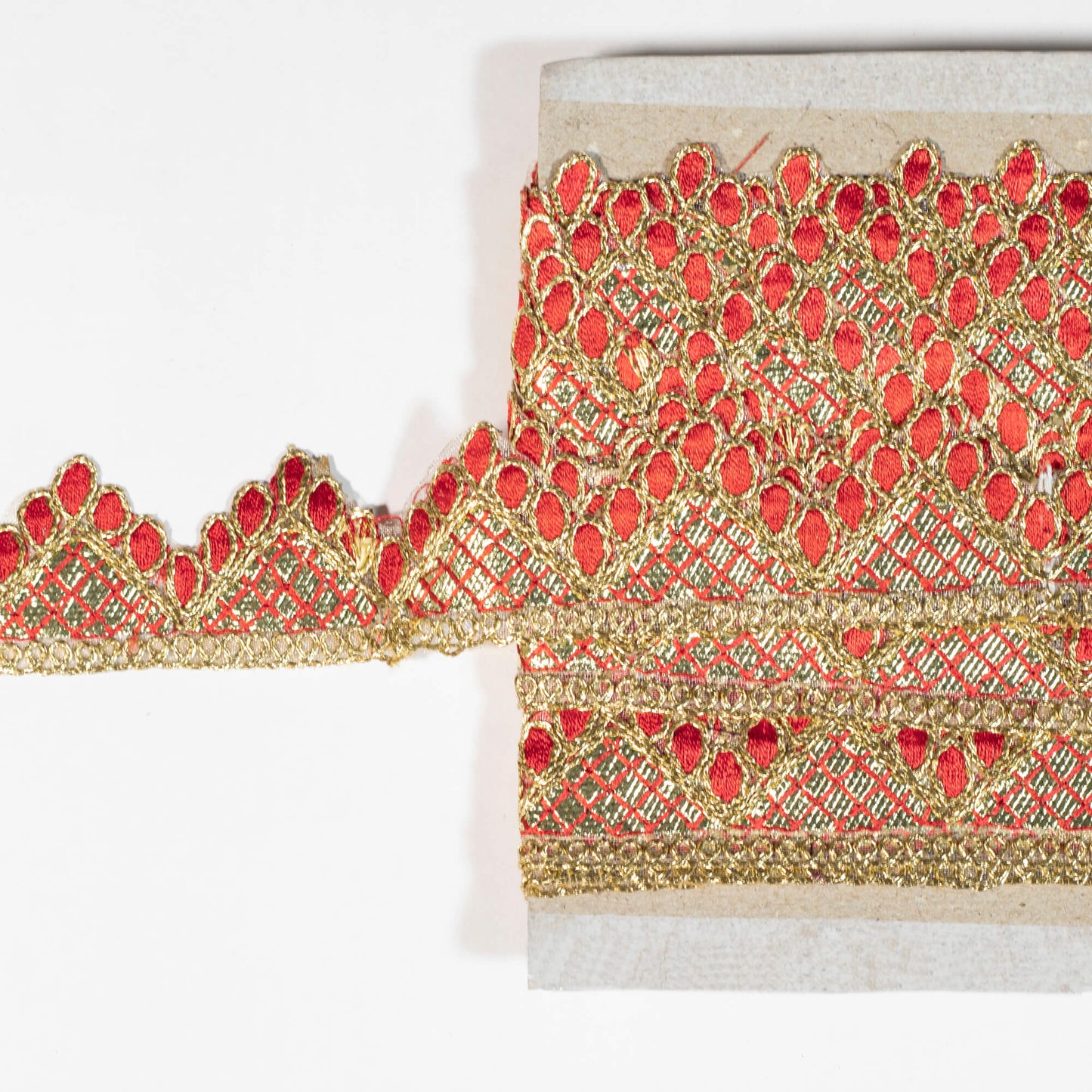 Crimson Red Chevron Pattern Golden Foil Zari Embroidery Organza Tissue Lace (9 Mtr)