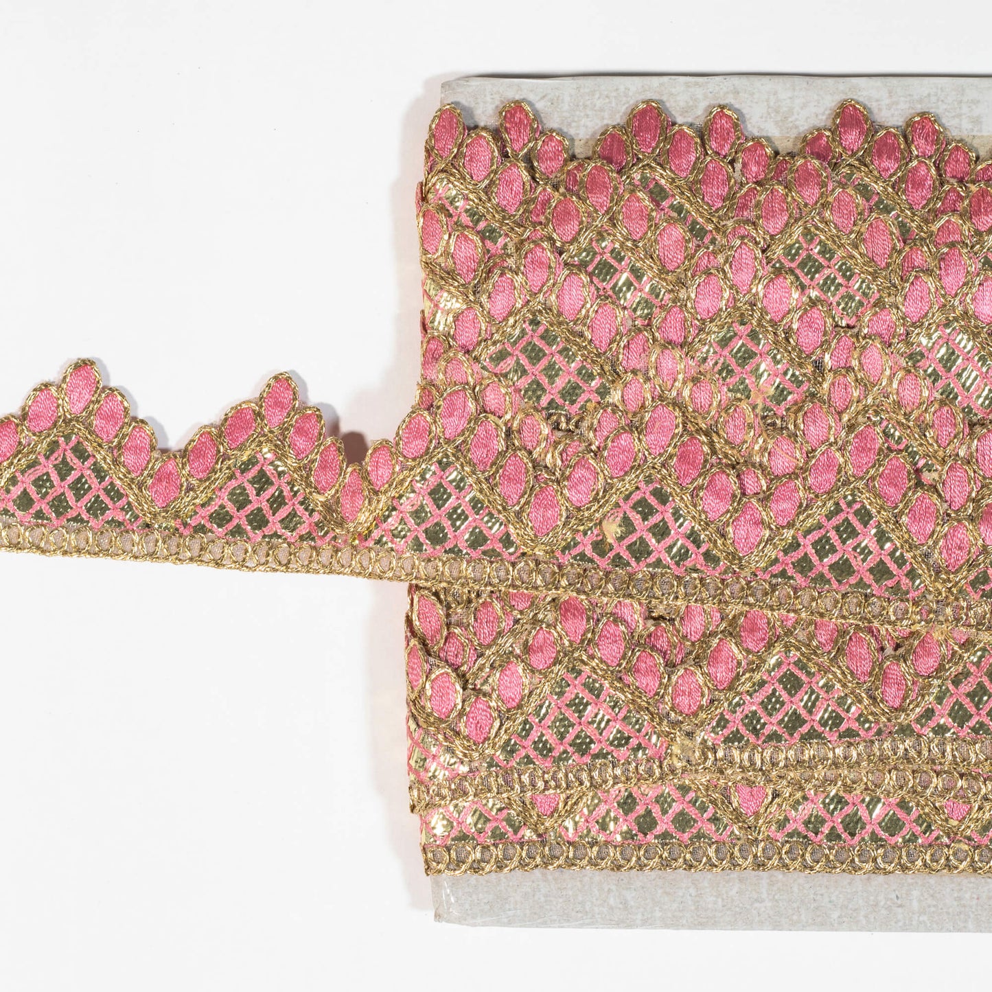 Fandango Pink Chevron Pattern Golden Foil Zari Embroidery Organza Tissue Lace (9 Mtr)