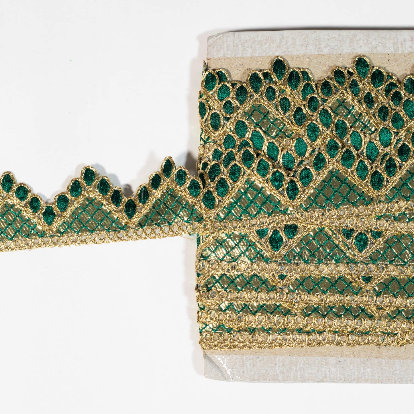 Sacramento Green Chevron Pattern Golden Foil Zari Embroidery Organza Tissue Lace (9 Mtr)