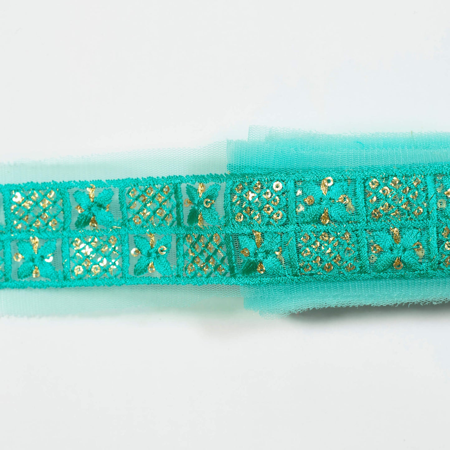 Turquoise Floral Pattern Sequins Embroidery Net Lace (9 Mtr)