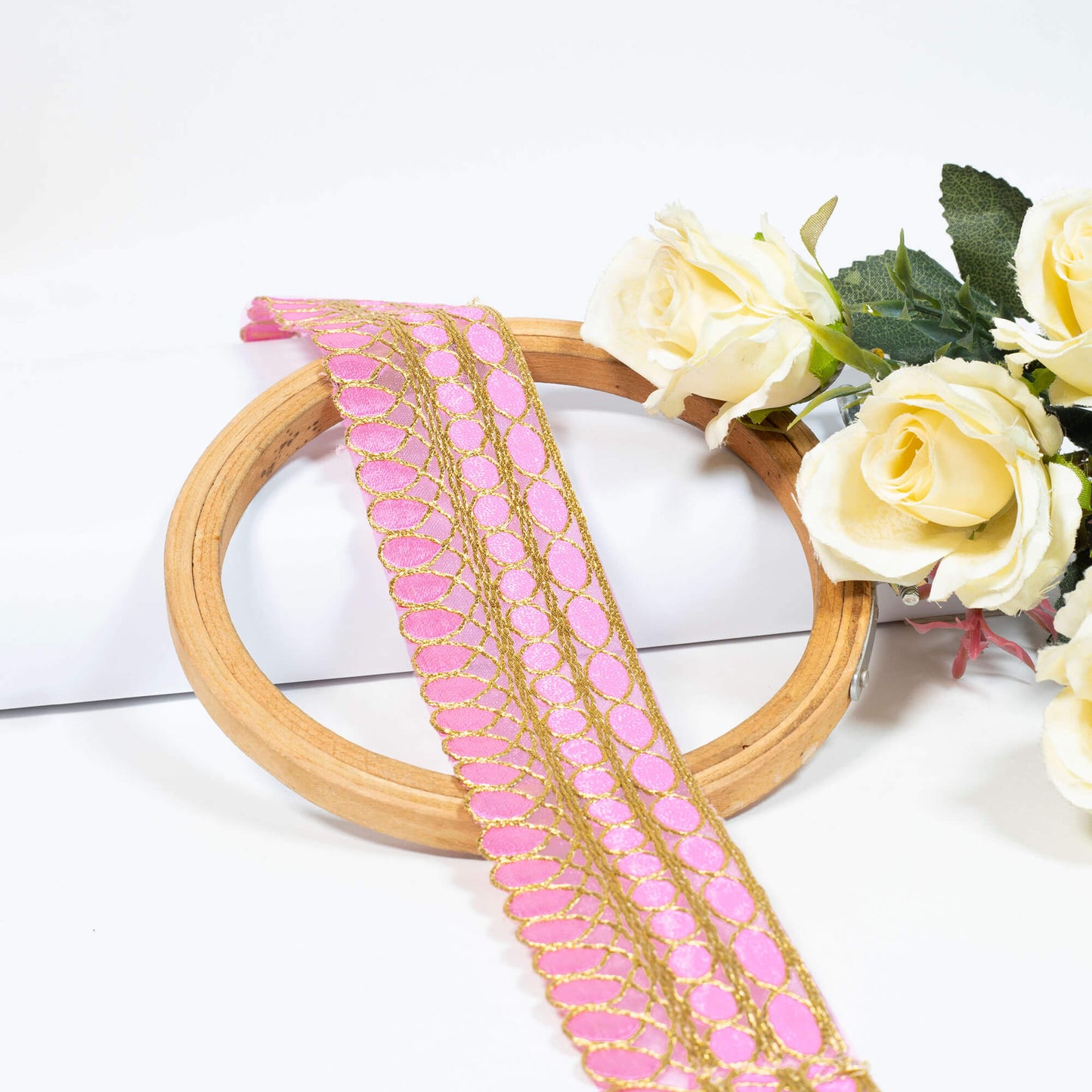Ultra Pink Geometric Pattern Zari Embroidery Organza Tissue Lace (9 Mtr)