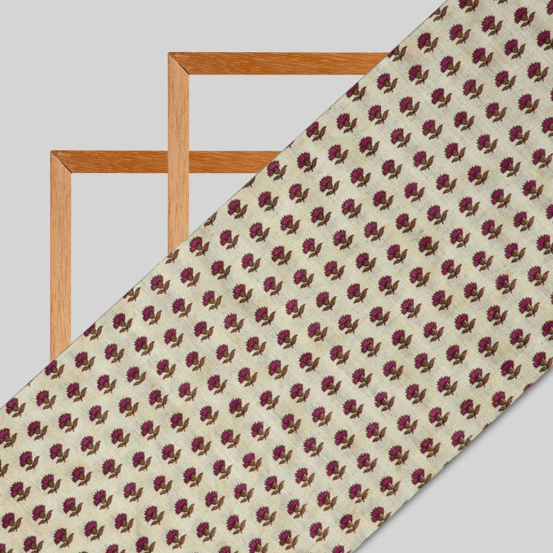 Cream And Maroon Floral Flex Cotton Fabric