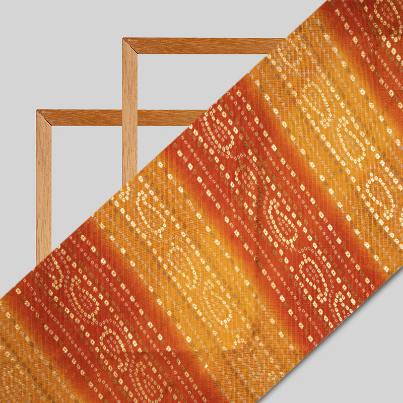 Yellow Ochre And Orange Bandhani Pattern Foil Print Kota Doria Fabric